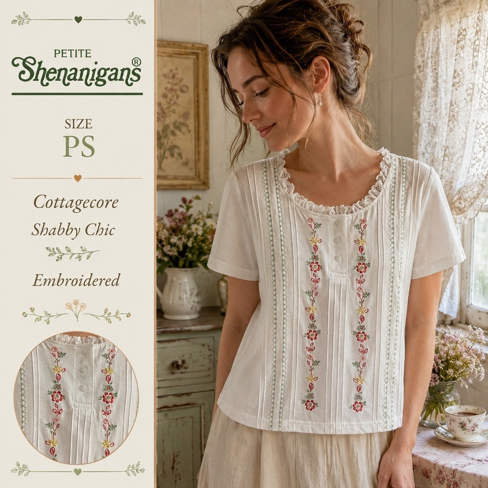 Shenanigans Top Womens PS White Floral Embroidered Pintuck VTG 90s Cottagecore